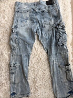 Men's Light Blue Cargo Denim Pants with Utility Pockets